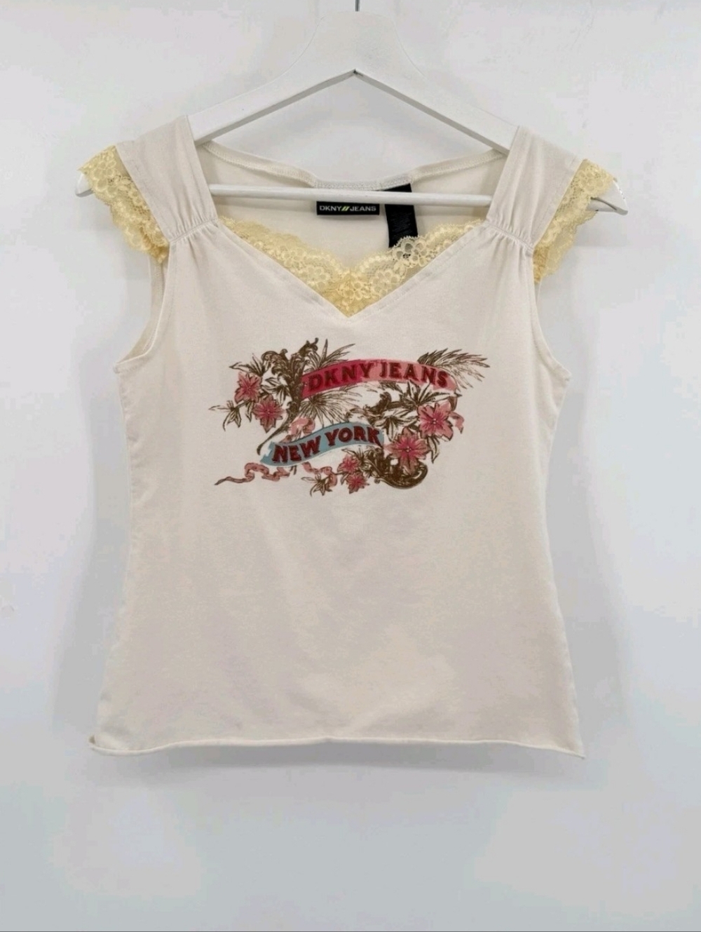 Vinatage Y2k Dkny Cream Lace-Trim Floral Graphic Camisole